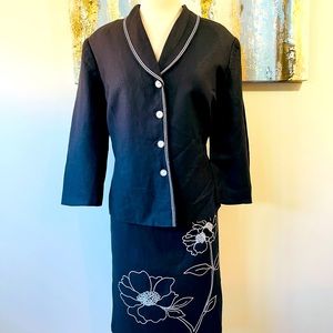 LE SUIT Women 2PC Linen Blend  Black White Skirt Suit Size 16